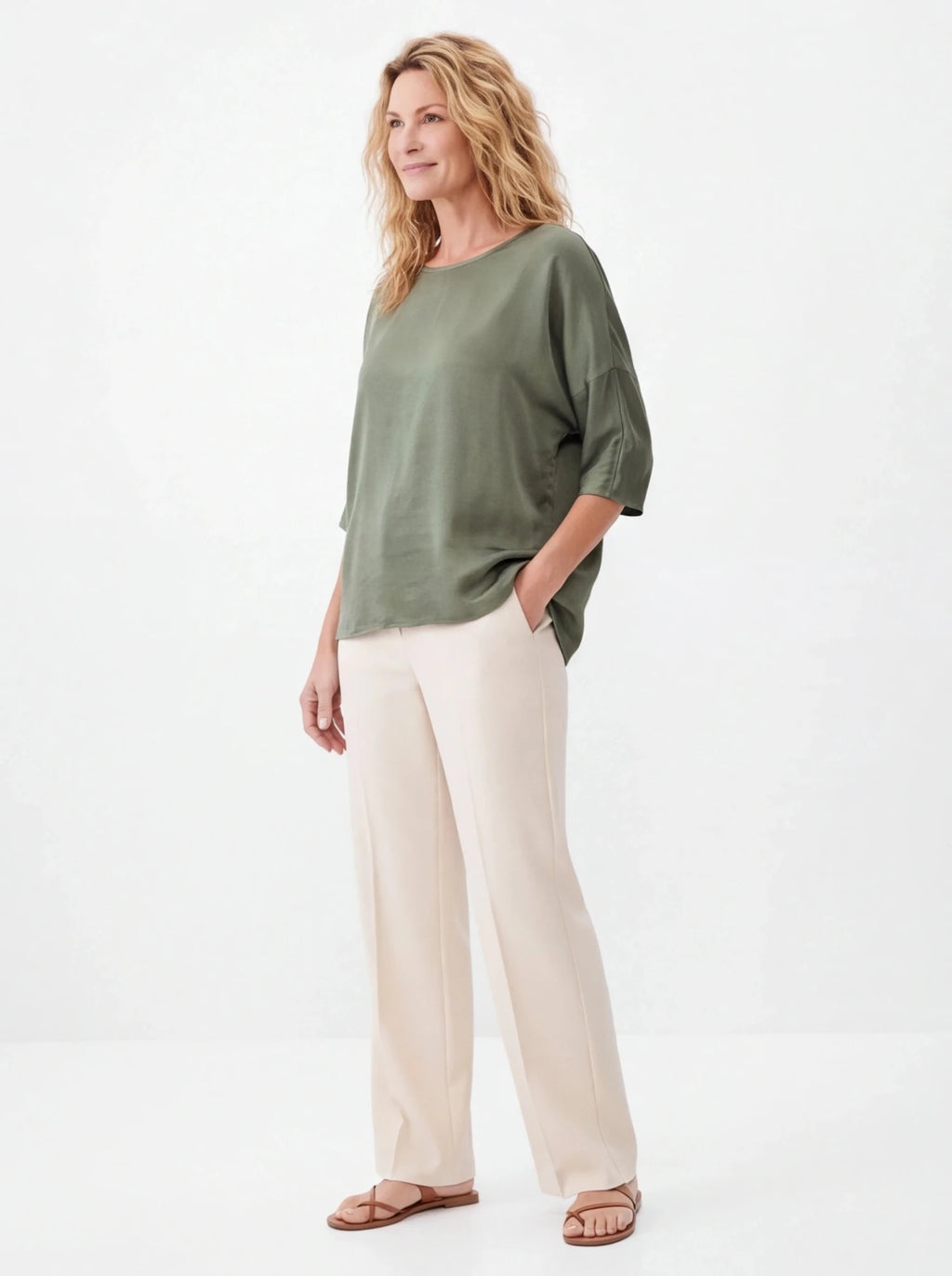 Blusa satinada verde caqui - La Flamencona Accesorios