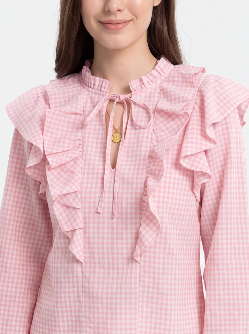 Blusa vichy rosa con volantes - La Flamencona Accesorios