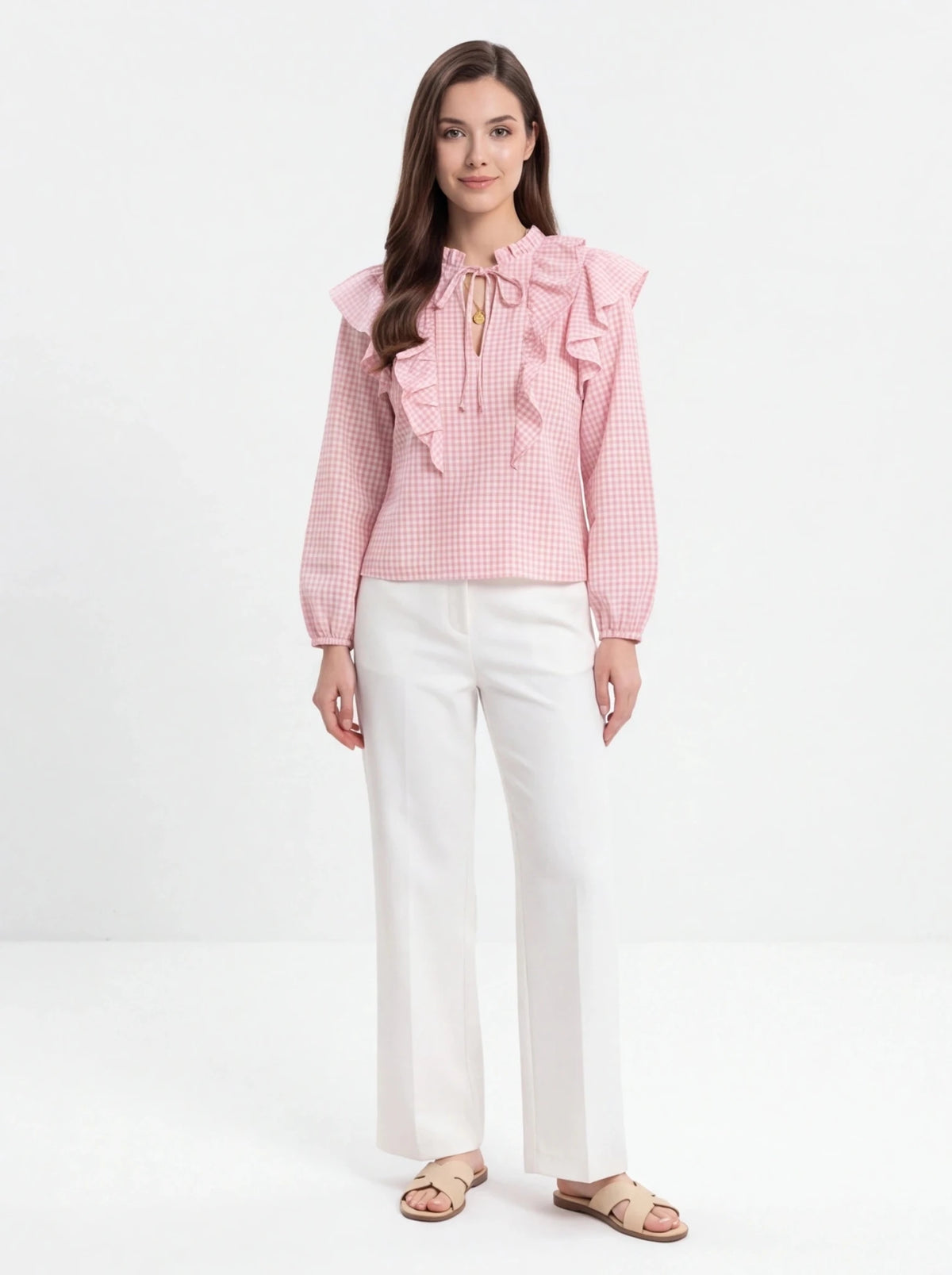 Blusa vichy rosa con volantes - La Flamencona Accesorios