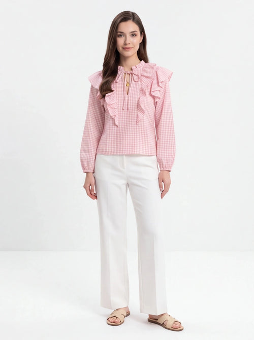 Blusa vichy rosa con volantes - La Flamencona Accesorios