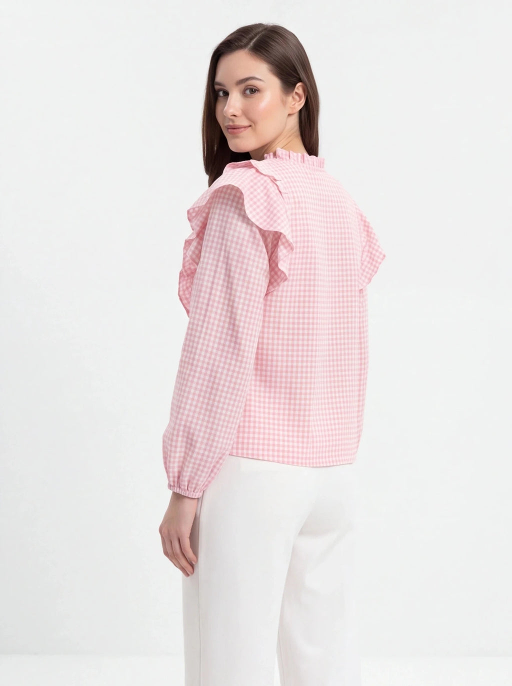 Blusa vichy rosa con volantes - La Flamencona Accesorios