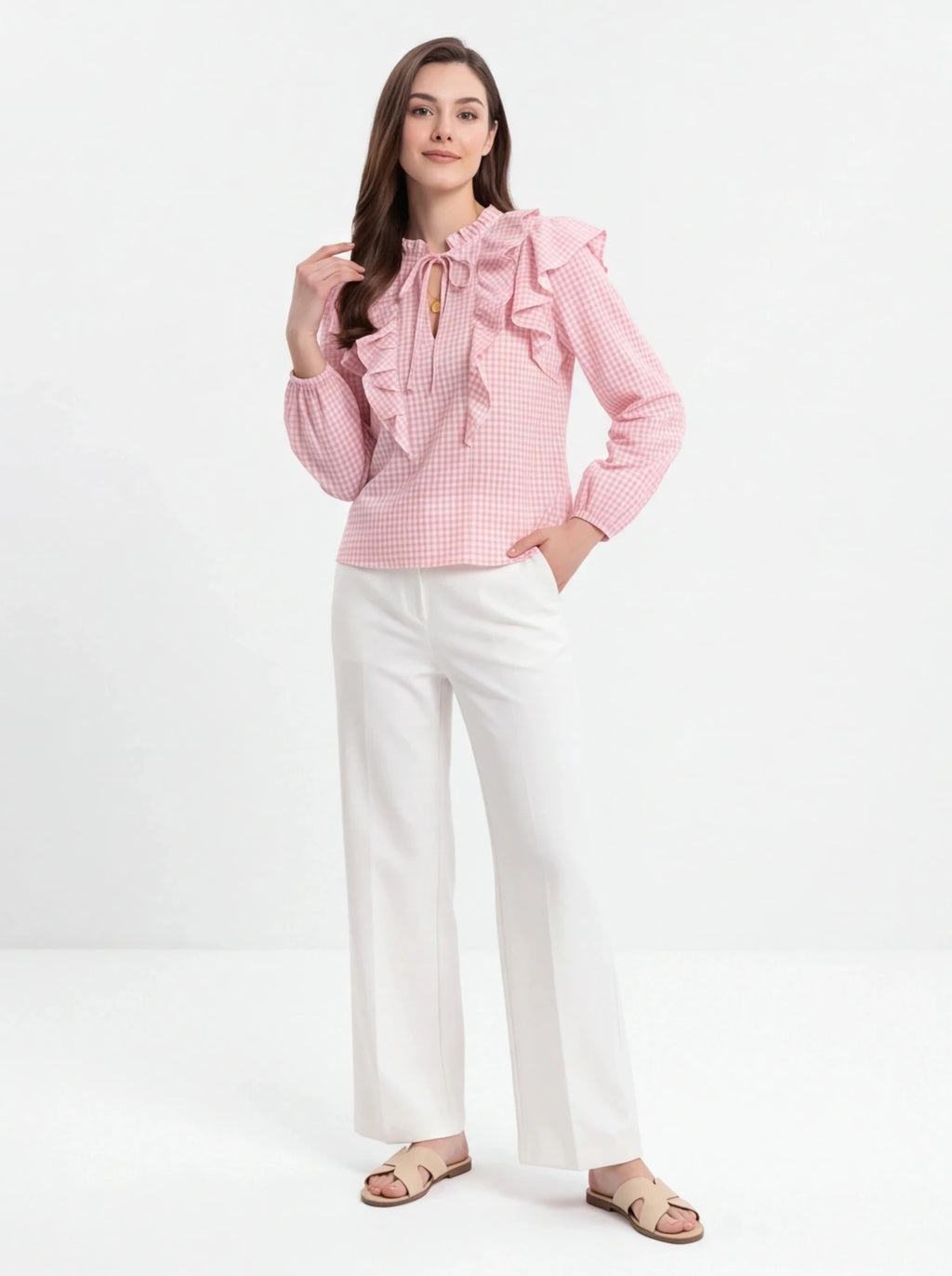 Blusa vichy rosa con volantes - La Flamencona Accesorios