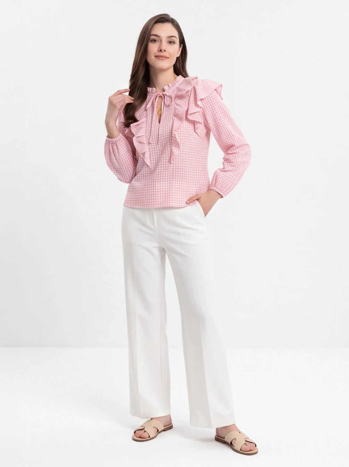 Blusa vichy rosa con volantes - La Flamencona Accesorios