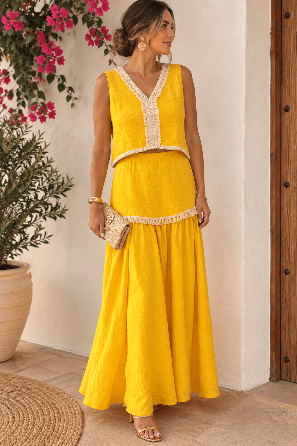 Conjunto amarillo blusa cruzada sin mangas talla 42 - La Flamencona Accesorios