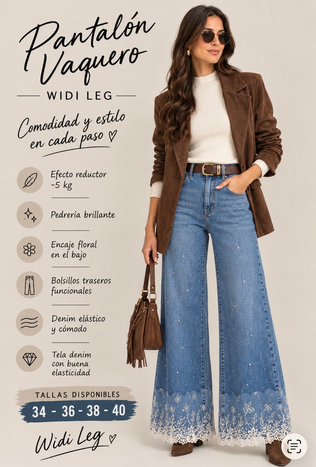 Jeans Wide Leg Bordado - La Flamencona Accesorios