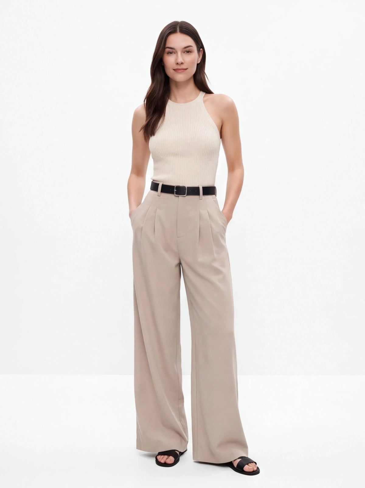 Pantalón pinzas fluido beige - La Flamencona Accesorios