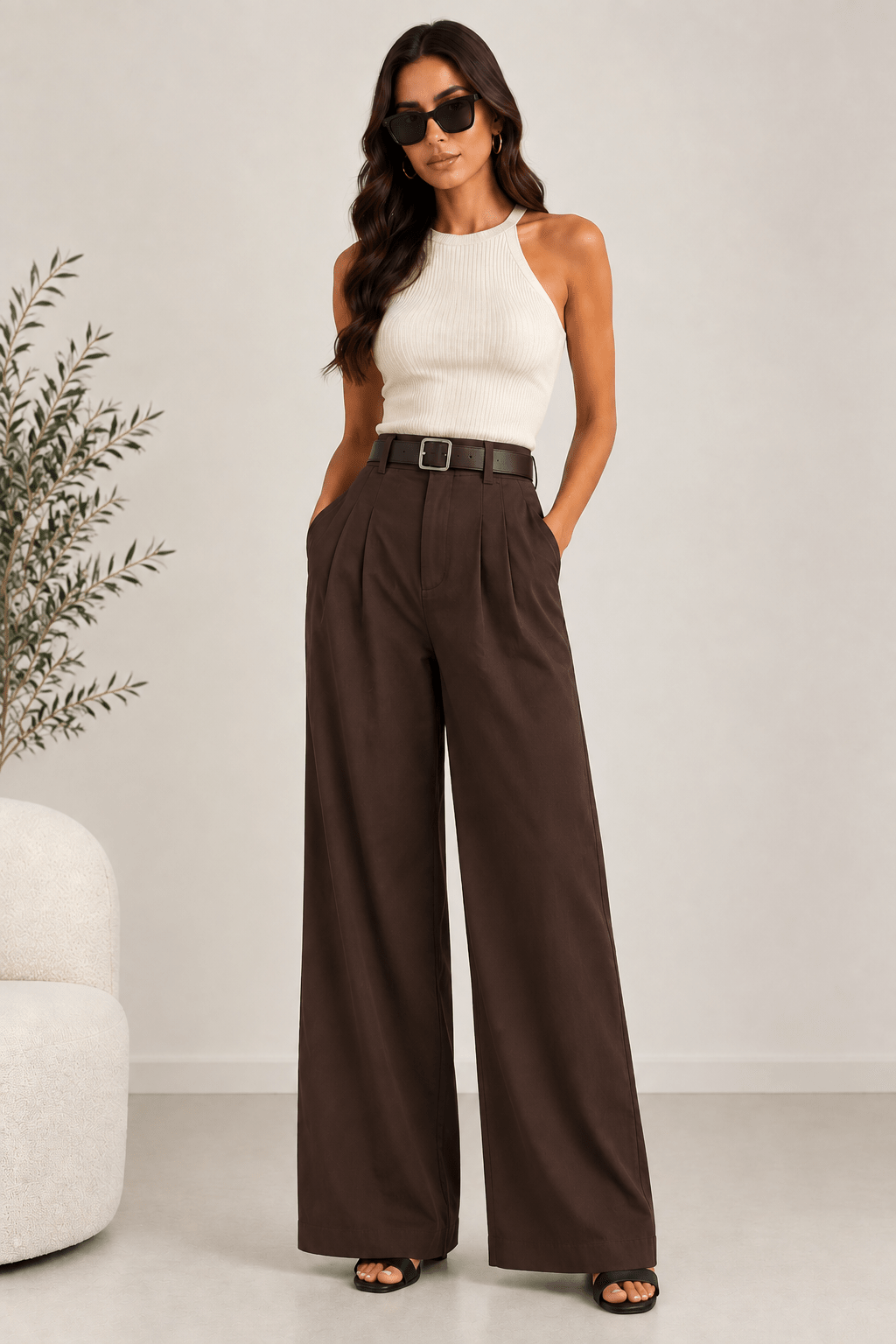 Pantalón pinzas fluido chocolate - La Flamencona Accesorios