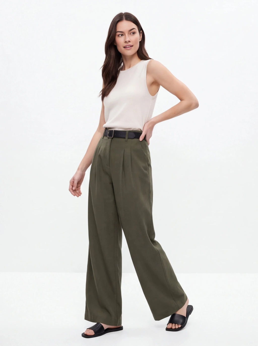 Pantalón pinzas fluido verde caqui - La Flamencona Accesorios