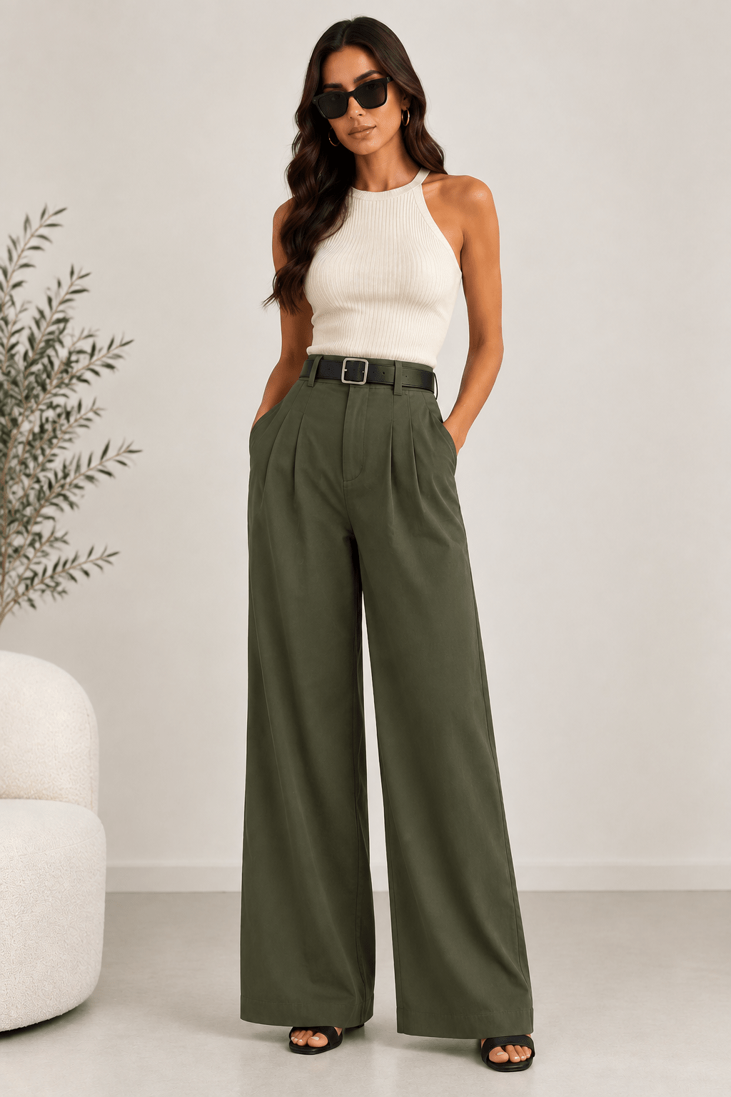 Pantalón pinzas fluido verde caqui - La Flamencona Accesorios