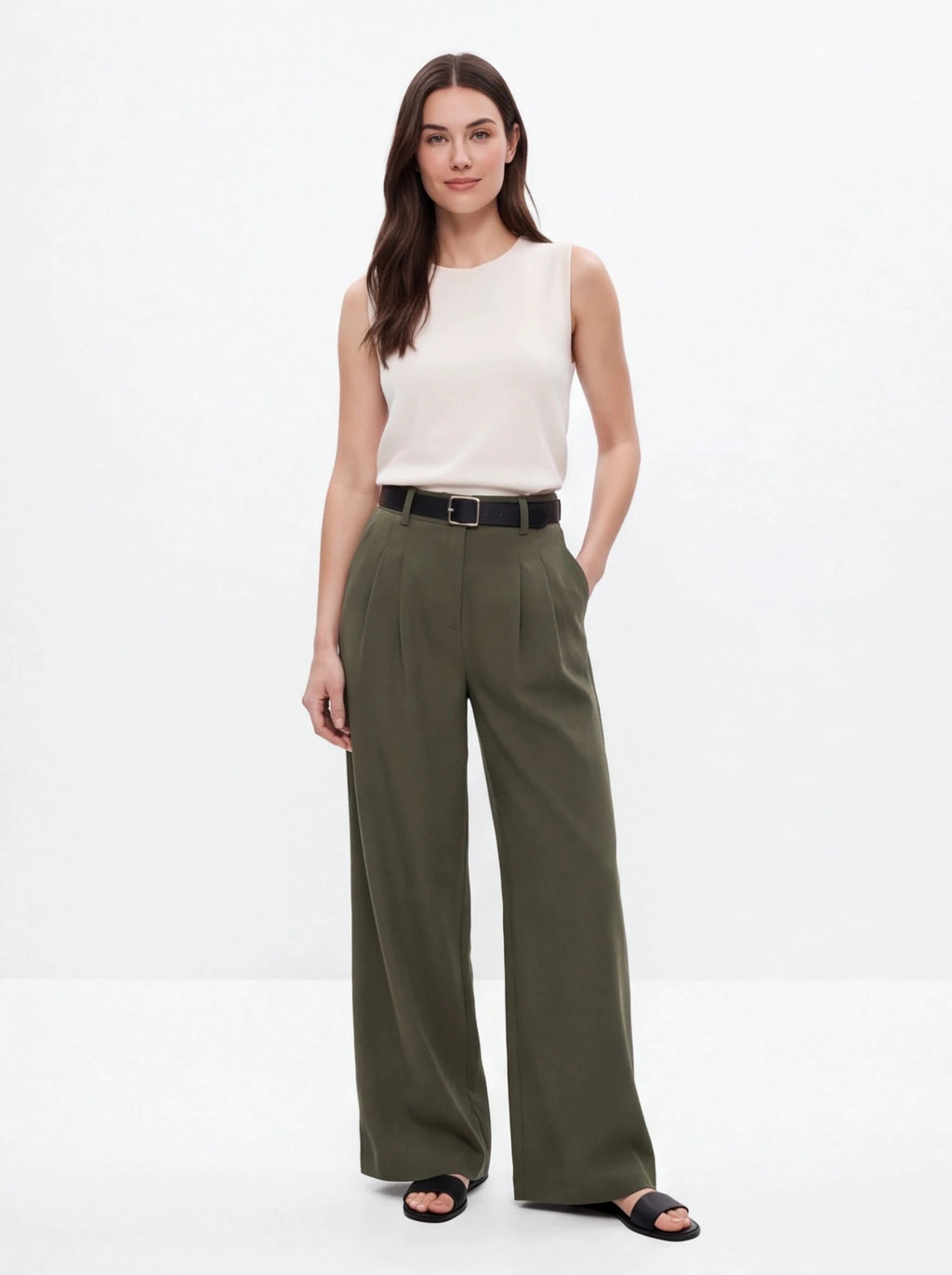 Pantalón pinzas fluido verde caqui - La Flamencona Accesorios