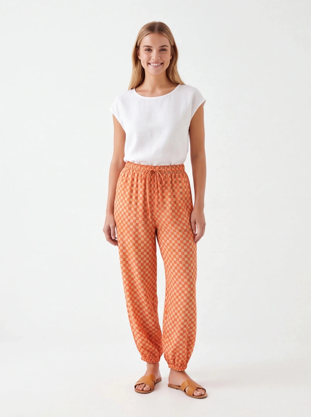 Pantalón vichy bombacho naranja camel - La Flamencona Accesorios