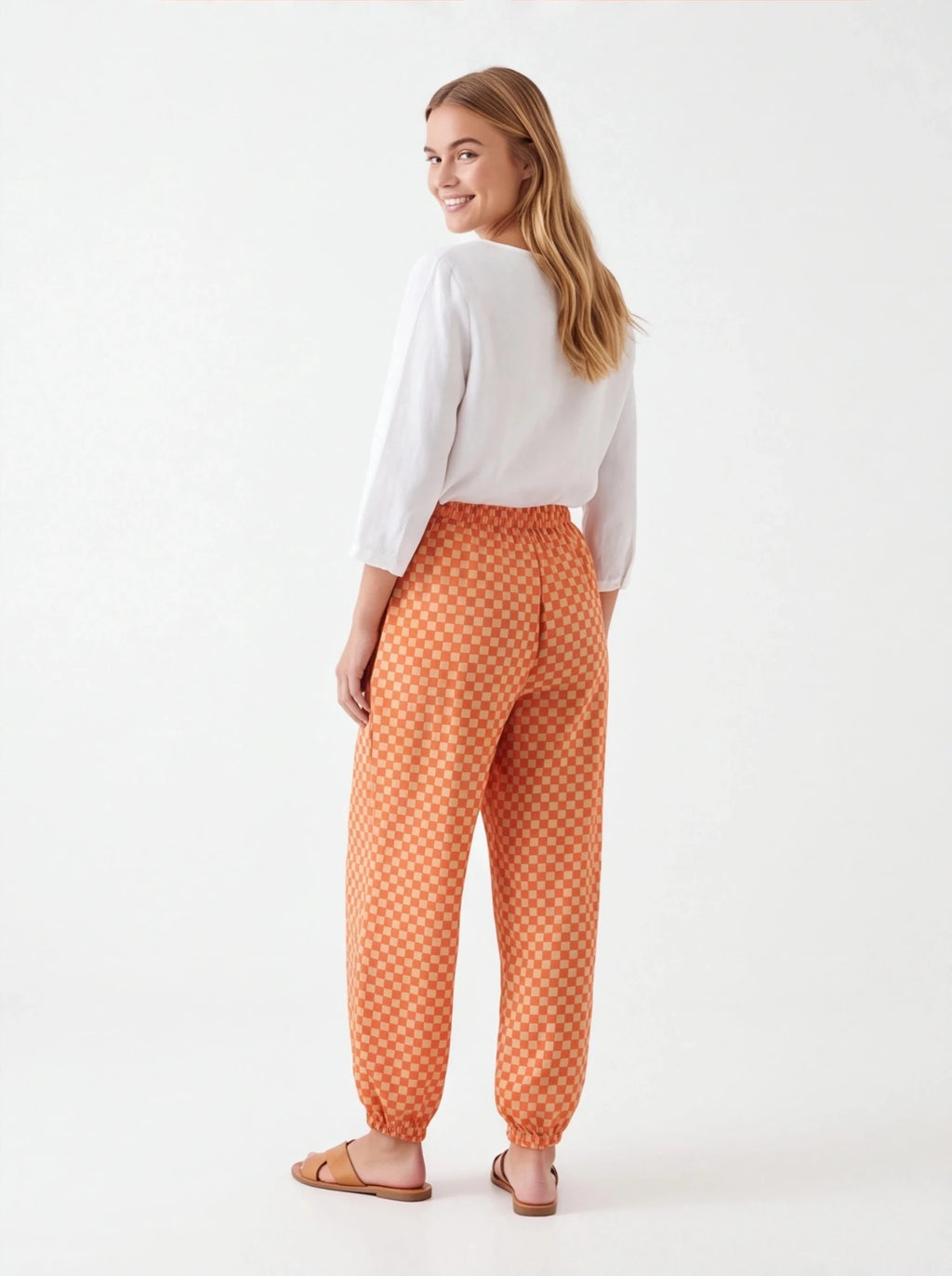 Pantalón vichy bombacho naranja camel - La Flamencona Accesorios
