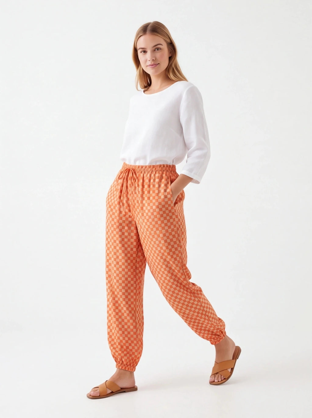 Pantalón vichy bombacho naranja camel - La Flamencona Accesorios