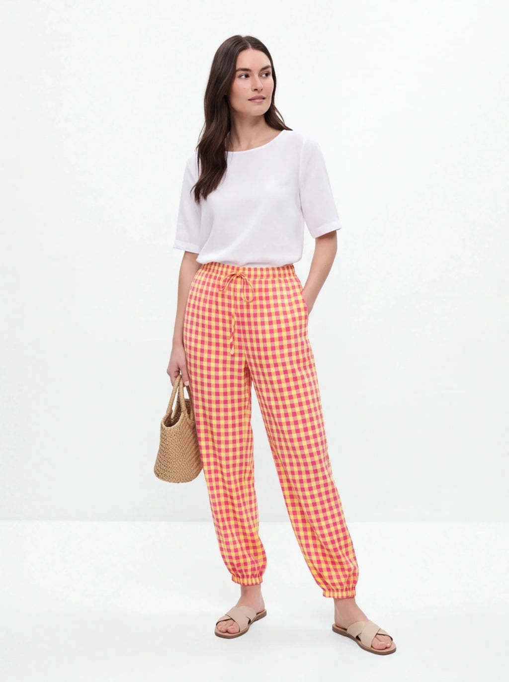 Pantalón vichy bombacho rosa amarillo - La Flamencona Accesorios