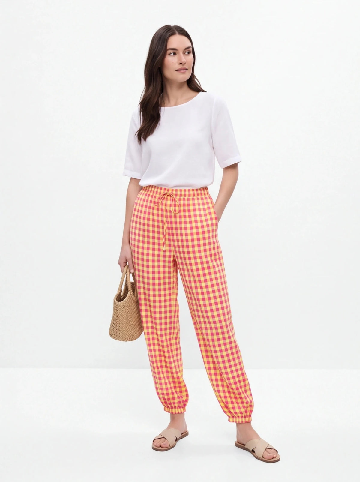 Pantalón vichy bombacho rosa amarillo - La Flamencona Accesorios