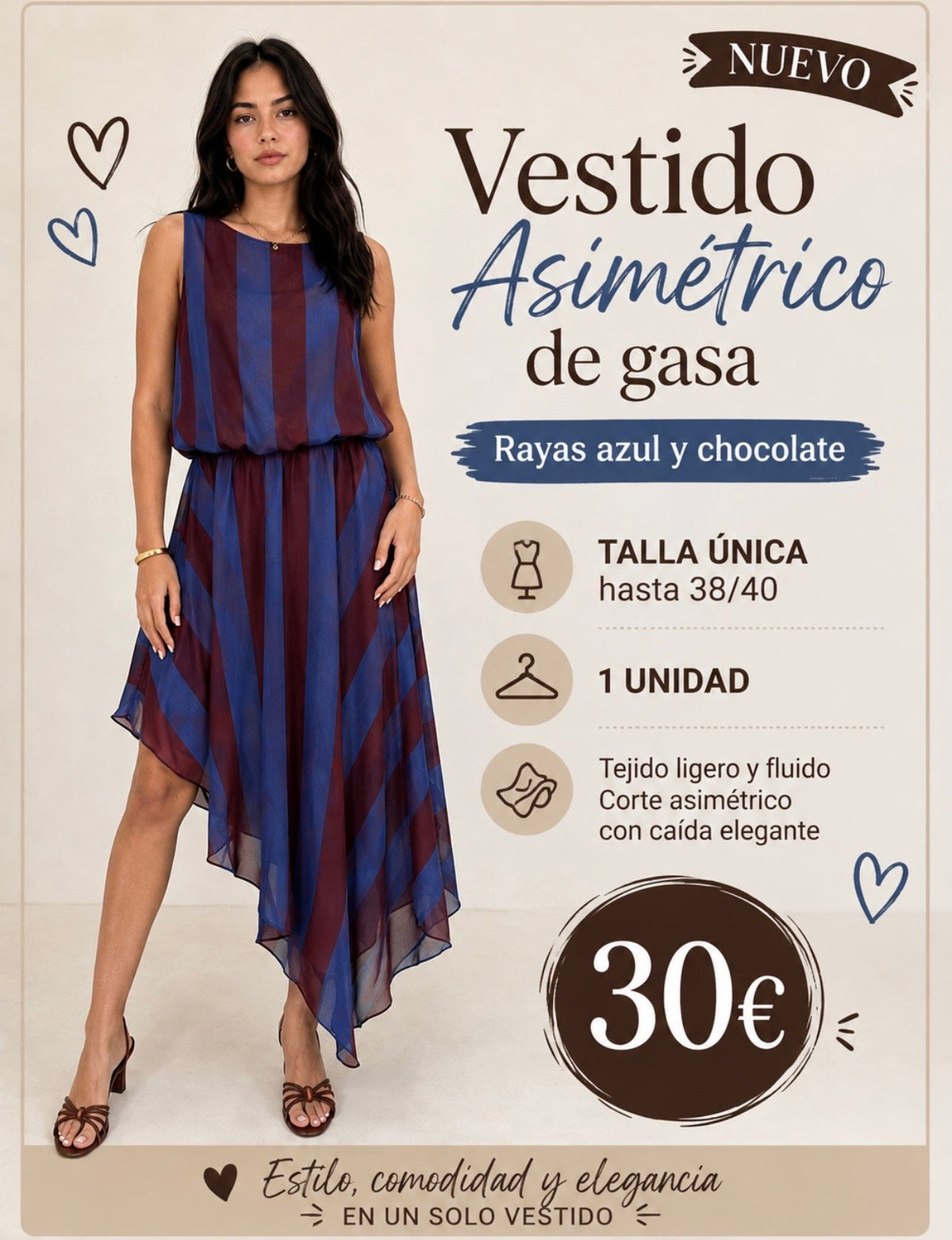Vestido asimétrico de rayas talla única XS a M - La Flamencona Accesorios
